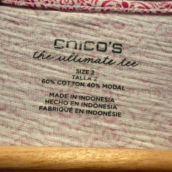 Chico's The Ultimate Tee Womens L (12) 3/4 Sleeve Medallion Long Tail Pink Top - Picture 3 of 5